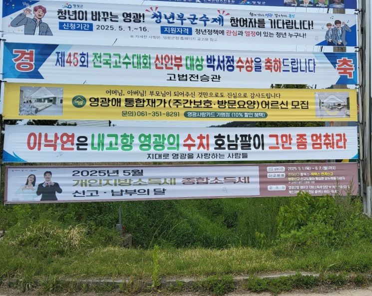 영광군 백수읍 한 마을 앞 게시대에 설치된 이낙연 새미래민주당 상임고문의  정치적 행보를 비판하는 현수막. 심진석 기자