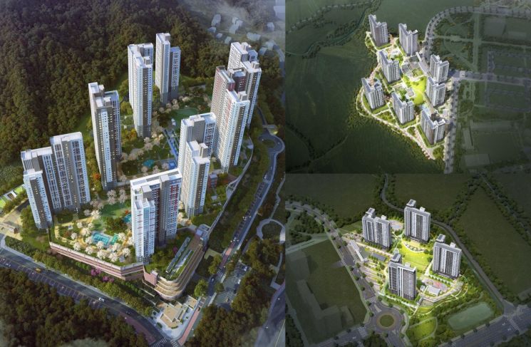 거제 아주 공공지원 민간임대주택 조감도(왼쪽), 밀양부북 A-1BL 조감도(오른쪽 상단), S-2BL 조감도(오른쪽 하단). BS한양 제공