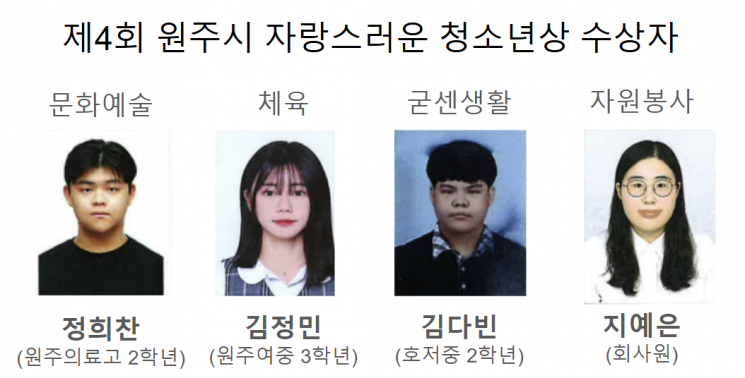 원주시, 제4회 자랑스러운 청소년상 수상자 선정