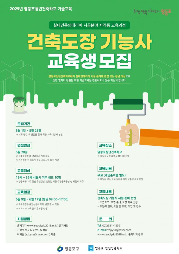 영등포구, 건축도장 기능사 청년 교육생 모집