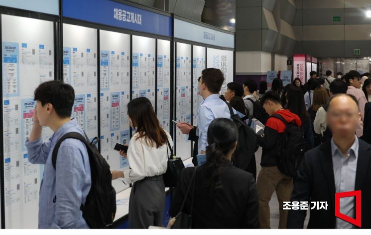 19일 서울 강남구 삼성동 코엑스에서 열린 '2025 글로벌 탤런트 페어'(Global Talent Fair)' 를 찾은 취업 준비생과 외국인 유학생이 채용공고 게시판을 살펴보고 있다.