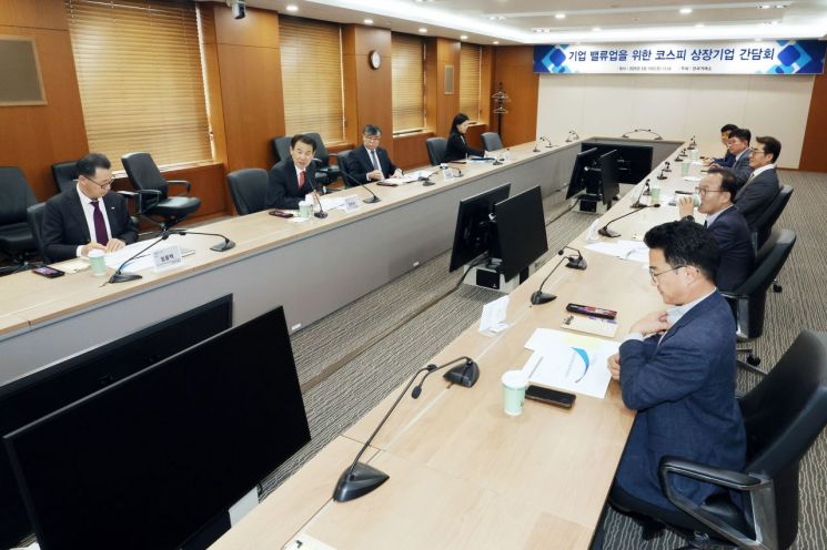 정은보 한국거래소 이사장이 19일 서울 영등포구 한국거래소 서울사옥에서 열린 기업 밸류업을 위한 코스피 상장기업 간담회에서 개회사를 하고 있다. 연합뉴스