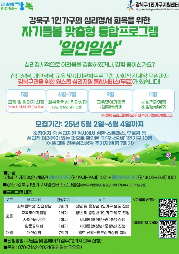 강북구, 청년·중장년 1인가구 위한 ‘일인일상’ 프로그램 운영