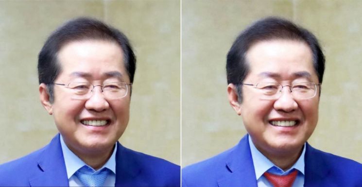 홍준표 전 대구시장이 19일 SNS 프로필 사진 속 넥타이를 파란색에서 빨간색으로 변경했다. 연합뉴스