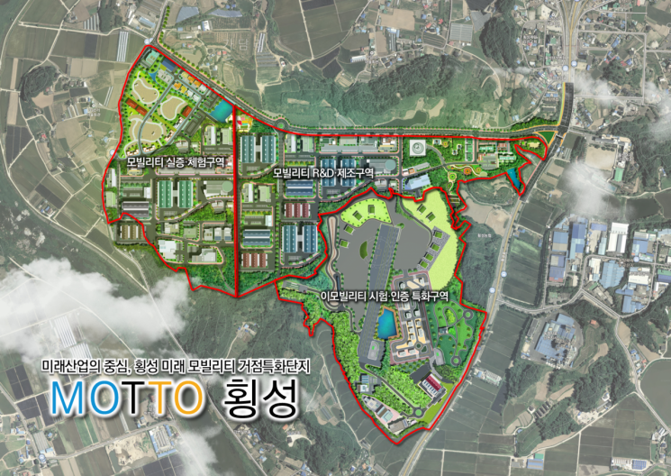 횡성군 횡성읍 묵계리, 가담리, 입석리 일원 22만평 부지에 2030년까지 조성할 예정인 횡성 미래 모빌리티 거점특화단지 이미지. 이미지=횡성군청 제공