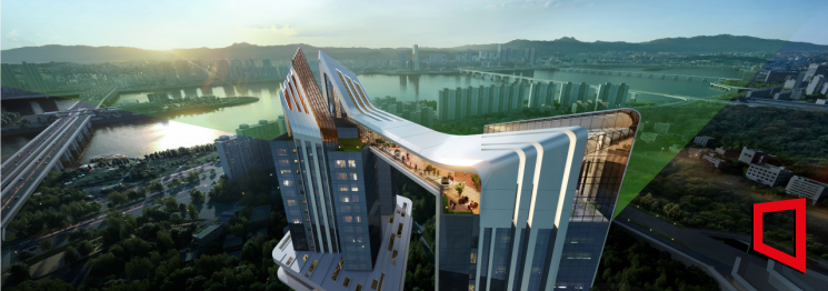 HDC현산이 제안한 전면1구역 스카이브릿지 조감도. HDC현산 제공