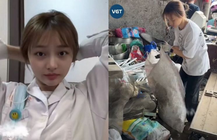 낮에는 병원에서 의사로 근무하고 밤에는 쓰레기를 주우며 이중생활 중인 중국 여성 웅씨(26). VGT뉴스