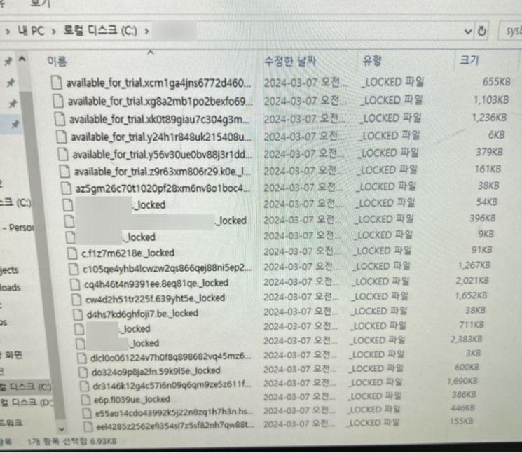 ▲랜섬웨어 감염으로 '.locked'라는 확장자가 붙어 있는 업무파일들 (사진=피해기업 제공)