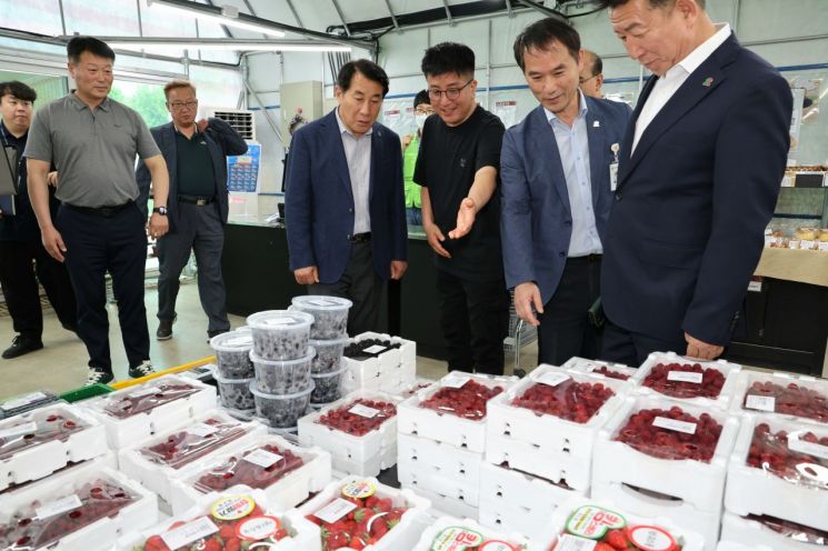 로컬푸드 직매장을 방문한 나동연 양산시장(중앙). 양산시 제공