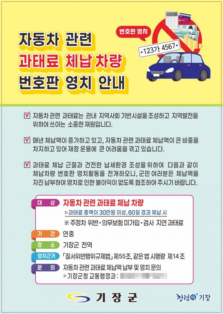 부산 기장군, 자동차 과태료 체납 ‘번호판 영치’ 예고…6월부터 집중 단속