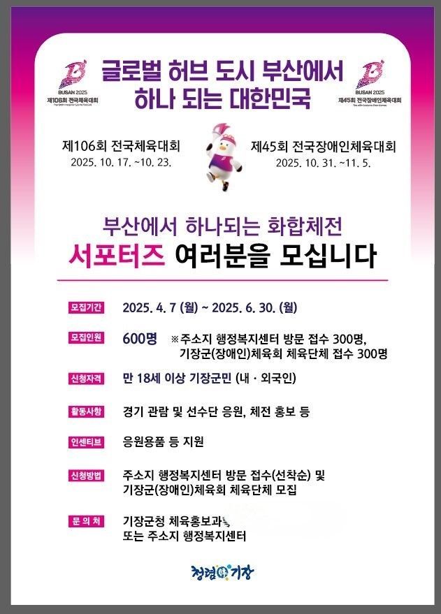 부산 기장군, 전국체전 앞두고 서포터즈·성화봉송 주자 모집