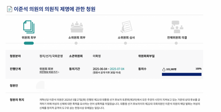 '이준석 제명' 청원 하루 만에 10만명 동의…상임위 넘어가지만 
