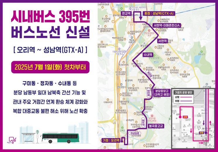신설되는 시내버스 395번 노선도. 성남시 제공