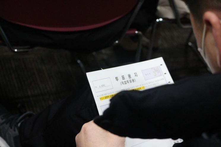 지난 2월 22일 오후 광주 김대중컨벤션센터에서 열린 신가동 주택재개발 조합 집행부 해임총회에서 한 조합원이 투표용지를 살펴보고 있다. 이날 총회는 신가 재개발 정상화 추진위원회 주최로 진행됐으며, 서면결의서를 제출한 조합원과 현장 투표자 등 총 849명이 참여해 조합장 해임안은 찬성 836표, 반대 3표, 기권 10표로 가결됐다. 송보현 기자