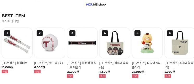 온라인 '놀 MD 샵'에서 판매중인 LG트윈스의 굿즈 상품.