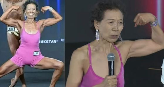 지난 1일 열린 ‘2025 우한 전국 피트니스 신인 선수 선발 대회’ 혼합 부문에서 동메달을 차지한 쑨밍후이(71). SCMP·더우인 캡처
