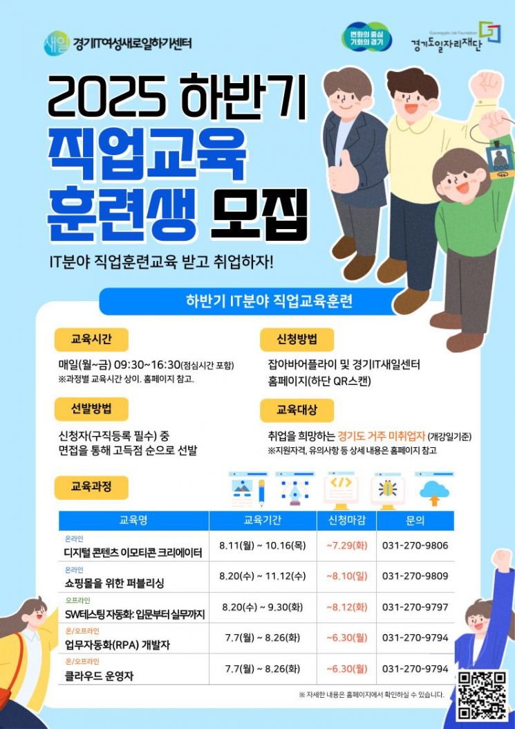 경기IT새일센터, 하반기 IT분야 직업교육훈련 교육생 모집