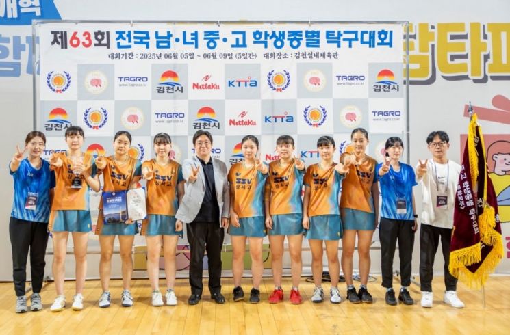 대구 상서고등학교 여자 탁구부 선수들이 전국 종별대회 2년 연속 우승을 차지한 뒤 기념촬영을 하고 있다.