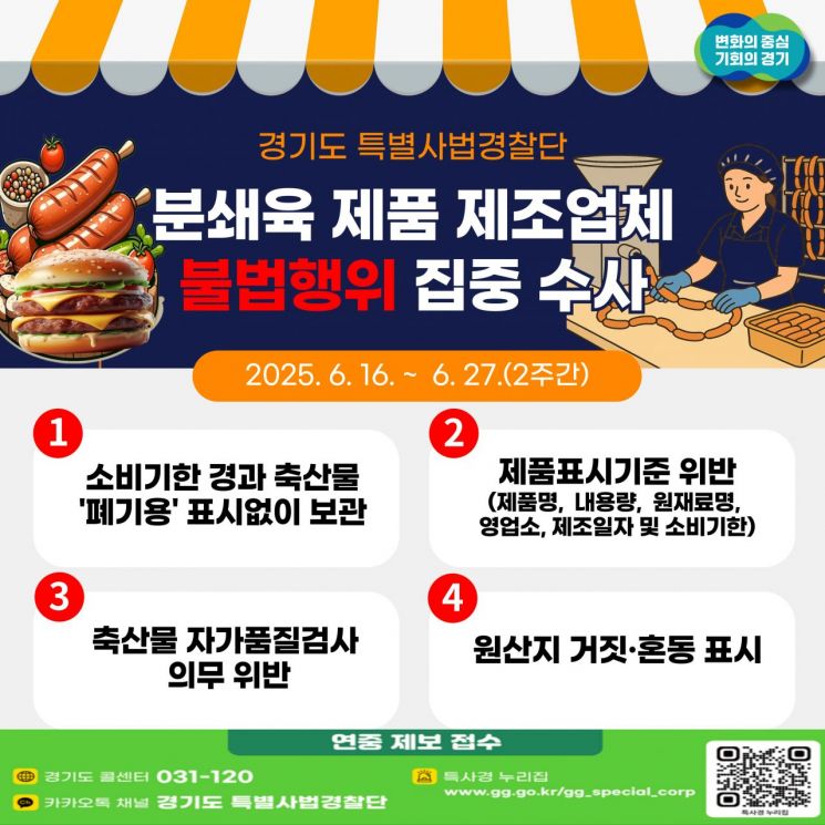 경기도특별사법경찰단의 분쇄육 제품 제조업체 불법행위 집중수사 안내 포스터