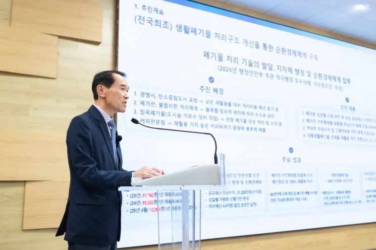 광명시가 생활폐기물 처리 시스템 혁신을 통해 쓰레기 재활용 100%에 도전한다. 박계근 광명시 친환경사업본부장이 정례브리핑에서 생활폐기물 처리 정책을 설명하고 있다. 광명시 제공