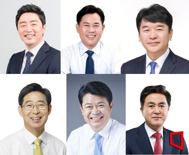 상단 왼쪽부터 더불어민주당 강훈식 대통령 비서실장, 박정현 부여군수,  문진석 의원. 하단 왼쪽부터 양승조 전 충남지사, 복기왕 의원, 국민의힘 김태흠 충남지사./표윤지 기자