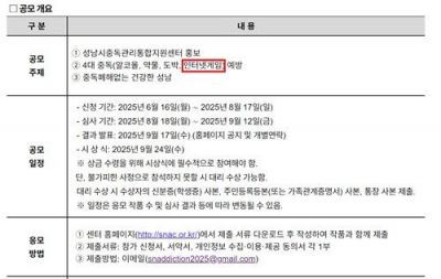 게임을 4대 중독으로 규정한 공모전 요강 [이미지 출처=성남시중독관리통합지원센터(www.snac.or.kr) 캡처]