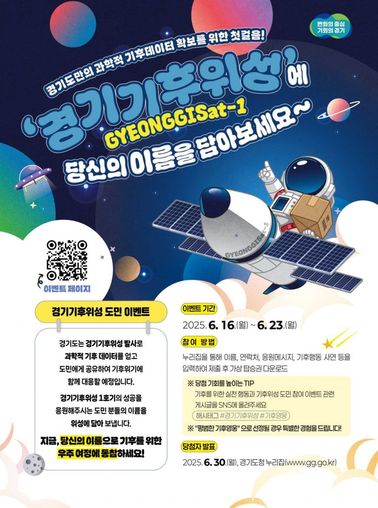 경기도, 하반기 발사 '기후위성'에 도민 이름 새긴다 