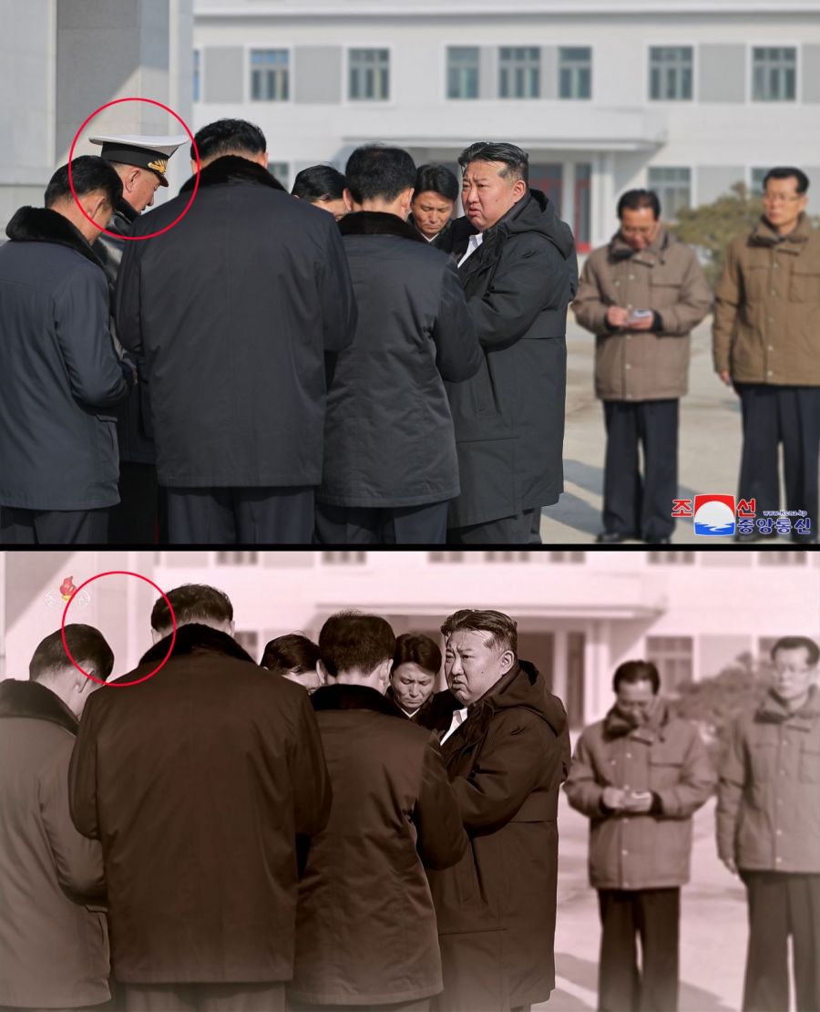 북한 조선중앙TV가 지난 13일 방영한 구축함 '강건호' 진수기념식 영상에서 김정은 국무위원장의 지난 3월 함선건조사업 현지시찰 사진(위)을 재공개하면서 당초 김 위원장과 함께 있던 김명식 전 해군사령관(아래)을 완전히 삭제한 채 편집해 내보냈다. 해군사령관은 김명식 대신 동해함대사령관이었던 박광섭(상장)으로 교체된 것으로 확인됐다. 연합뉴스