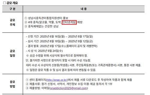 게임을 4대 중독으로 규정한 '인공지능(AI)를 활용한 중독예방콘텐츠 제작 공모전' 요강. 성남시중독관리통합지원센터