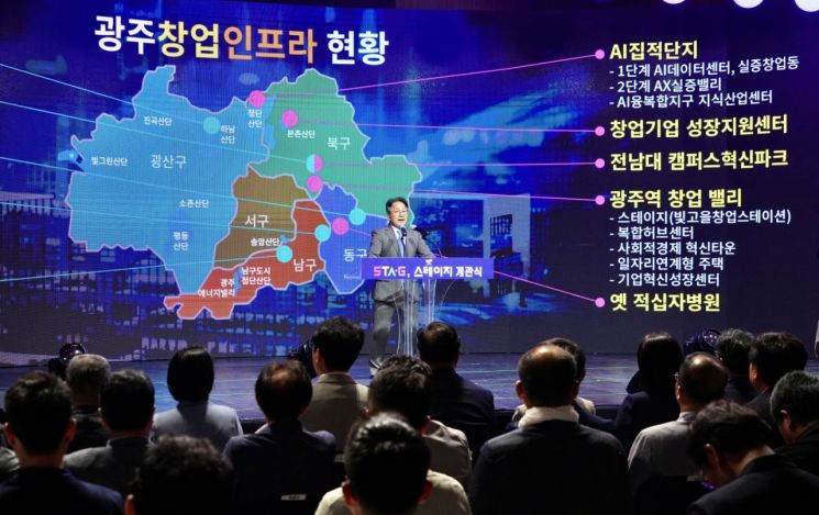 강기정 광주시장이 19일 오후 북구 빛고을 창업스테이션에서 열린 '스테이지(STAG) 개관식'에 참석해 환영사를 하고 있다. 광주시 제공