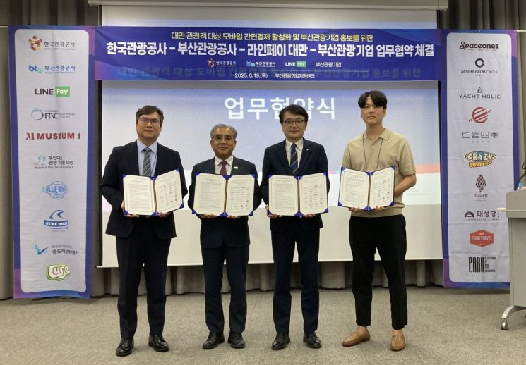 라인페이 대만 정웅주 대표, 부산관광공사 이정실 사장, 한국관광공사 유진호 관광콘텐츠전략본부장, 요트홀릭 전지홍 대표(왼쪽부터)가 19일 부산관광기업지원센터에서 업무협약을 체결한 뒤 기념사진을 찍고 있다.  [사진 제공= 한국관광공사]