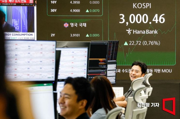 코스피가 3년 5개월만에 장중 3천을 돌파한 20일 서울 중구 하나은행 본점 딜링룸에서 딜러들이 업무를 보고 있다. 2025.6.20. 강진형 기자