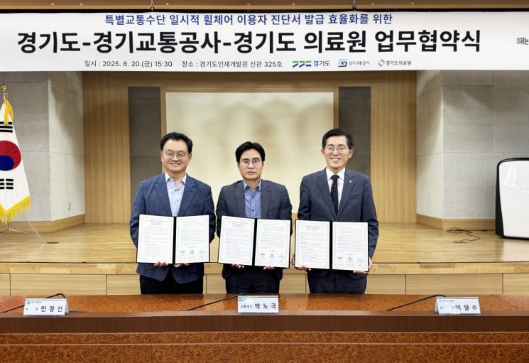 경기도와 경기교통공사, 경기도의료원은 20일 '경기도 특별교통수단 일시적 휠체어 이용자 진단서 발급 효율화'를 위한 업무협약(MOU)을 체결하고 있다. 경기도 제공