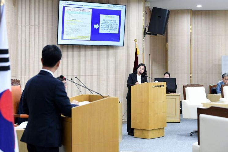김명숙 광산구의원이 제297회 광산구의회 정례회 제3차 본회의에서 구정질문을 하고 있다.