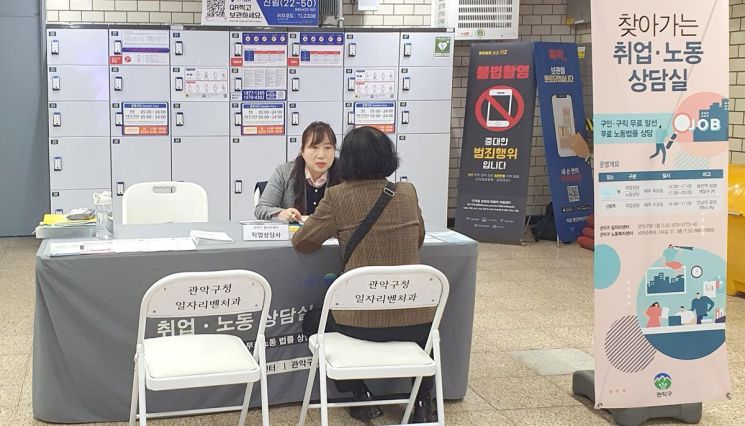 신림역사 내 찾아가는 취업·노동 상담실을 찾은 주민이 직업상담사의 구직 상담을 받고 있다. 관악구 제공.