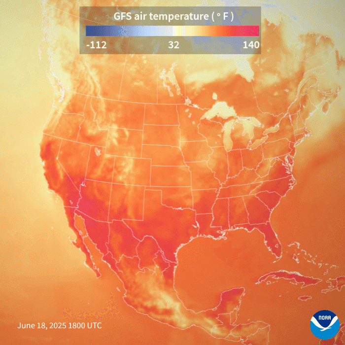 NOAA(미국 해양대기청)이 미국 중서부와 동부를 휩쓸고 있는 기록적인 폭염을 위성으로 분석한 애니매이션.