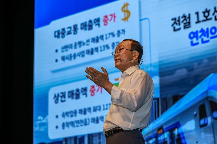 김덕현 연천군수가 1일 'AI · Green Bio 미래 성장도시 연천' 행사에서 민선8기 3주년을 맞아 주요 성과 및 연천군 미래비전을 군민들에게 설명하고 있다. 이종구 기자