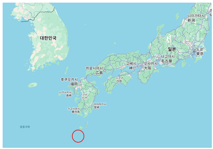 일본 도카라 열도(빨간색 원으로 표시된 지역). 구글맵