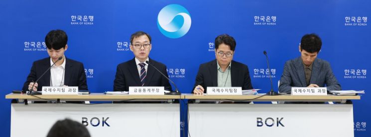 4일 서울 중구 한국은행에서 열린 '2025년 5월 국제수지(잠정)' 기자설명회에서 (왼쪽부터)김준영 한은 국제수지팀 과장, 송재창 금융통계부장, 김성준 국제수지팀장, 권수한 국제수지팀 과장이 질문에 답변하고 있다. 한국은행