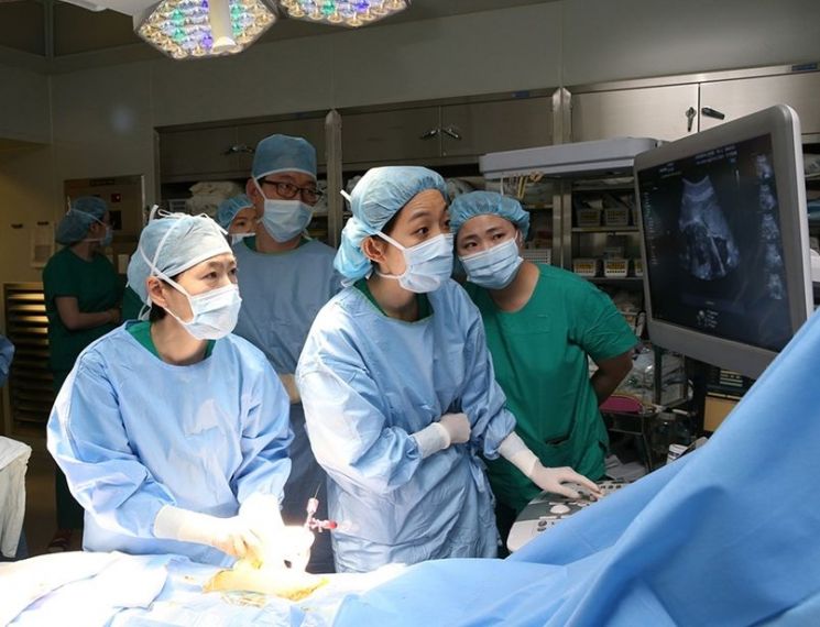 원혜성(왼쪽 첫 번째) 교수가 선천성 중증 대동맥판막협착증 태아에게 풍선확장술을 시행하고 있다. 사진 = 서울아산병원