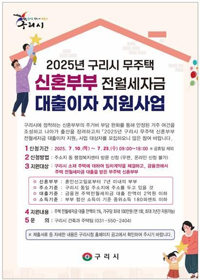 구리시, 무주택 신혼부부 전월세 자금 대출이자 지원
