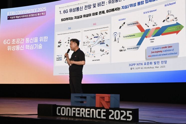 이문식 ETRI 위성통신연구본부장이 최근 열린 'ETRI 컨퍼런스 2025'에서 6G 초공간 통신을 위한 위성통신 핵심기술을 공개하고 있다. 한국전자통신연구원 제공