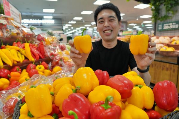 서울시 송파구에 위치한 롯데마트 제타플렉스 잠실점 채소코너에서 상생 파프리카를 홍보하는 장석진 MD의 모습. 롯데마트는 10일(목)부터 12일(토)까지 3일간 '상생 파프리카(개/국산)'를 690원에 판매한다.롯데마트 제공.