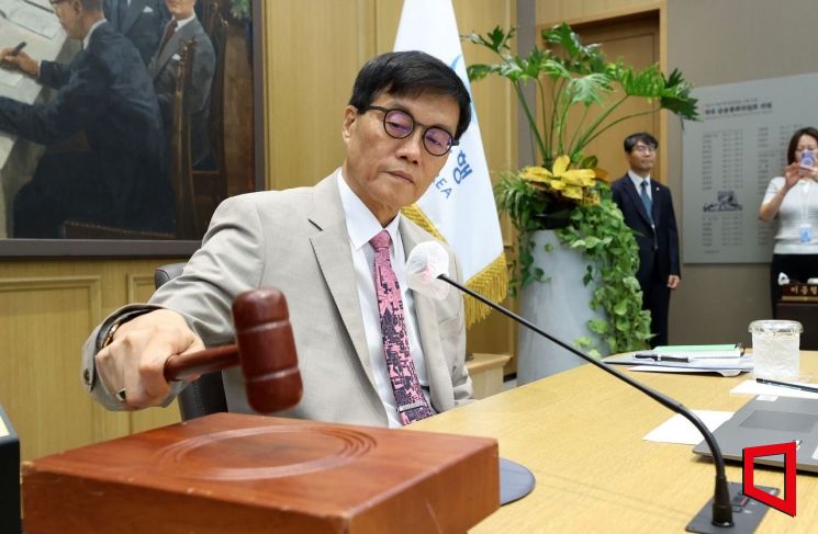 이창용 한국은행 총재가 10일 서울 중구 한은 본관에서 열린 통화정책방향 결정 회의에서 의사봉을 두드리고 있다. 사진공동취재단