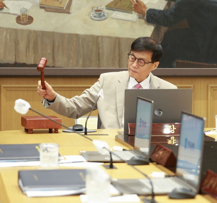 이창용 한국은행 총재가 10일 서울 중구 한은 본관에서 열린 통화정책방향 결정 회의에서 의사봉을 치고 있다. 한국은행