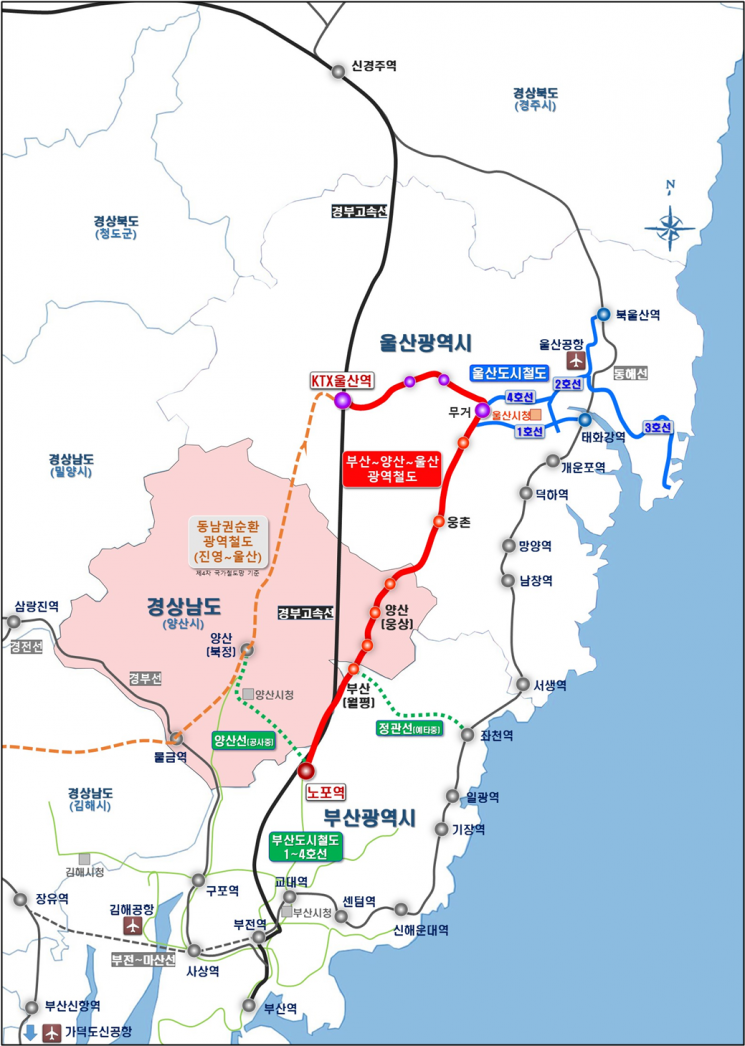 부산~양산~울산 광역철도 노선도. 경남도 제공