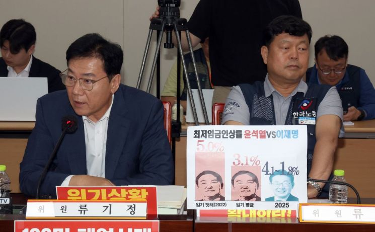 최저임금위원회 사용자위원인 류기정 한국경영자총협회 전무(왼쪽)가 10일 정부세종청사에서 열린 최저임금위원회 제12차 전원회의에서 발언하고 있다. 연합뉴스