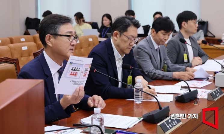 11일 국회 법제사법위원회 법안심사제1소위원회에서 열린 상법 추가 개정을 위한 공청회에서 정우용 한국상장회사협의회 정책부회장이 진술하고 있다. 왼쪽부터 정우용 한국상장회사협의회 정책부회장, 김우찬 고려대 교수, 최준선 성균관대 법학전문대학원 명예교수, 윤태준 주주행동플랫폼 액트 소장. 2025.7.11 김현민 기자