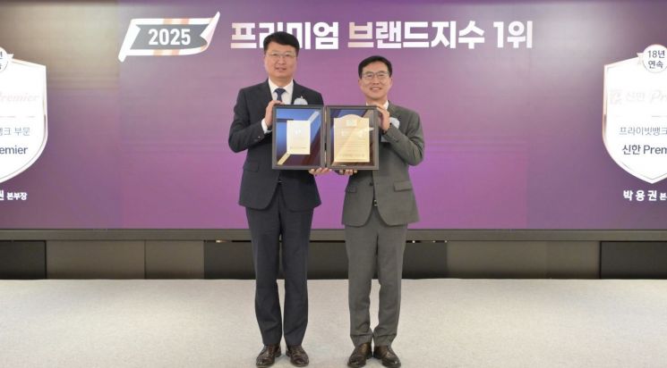 지난 11일 서울시 중구 롯데호텔에서 진행된 '2025 프리미엄브랜드지수(KS-PBI)' 시상식에서 프라이빗뱅킹 부문 18년 연속 1위 수상 이후 박용권 신한은행 PWM영업본부장(왼쪽)과 문동민 한국표준협회장이 기념 촬영하는 모습. 신한은행 제공.