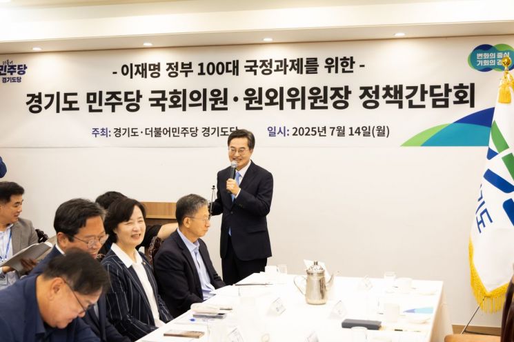김동연 경기도지사가 14일 경기도 더불어민주당 국회의원 및 원외위원장 정책간담회에서 인삿말을 하고 있다. 경기도 제공